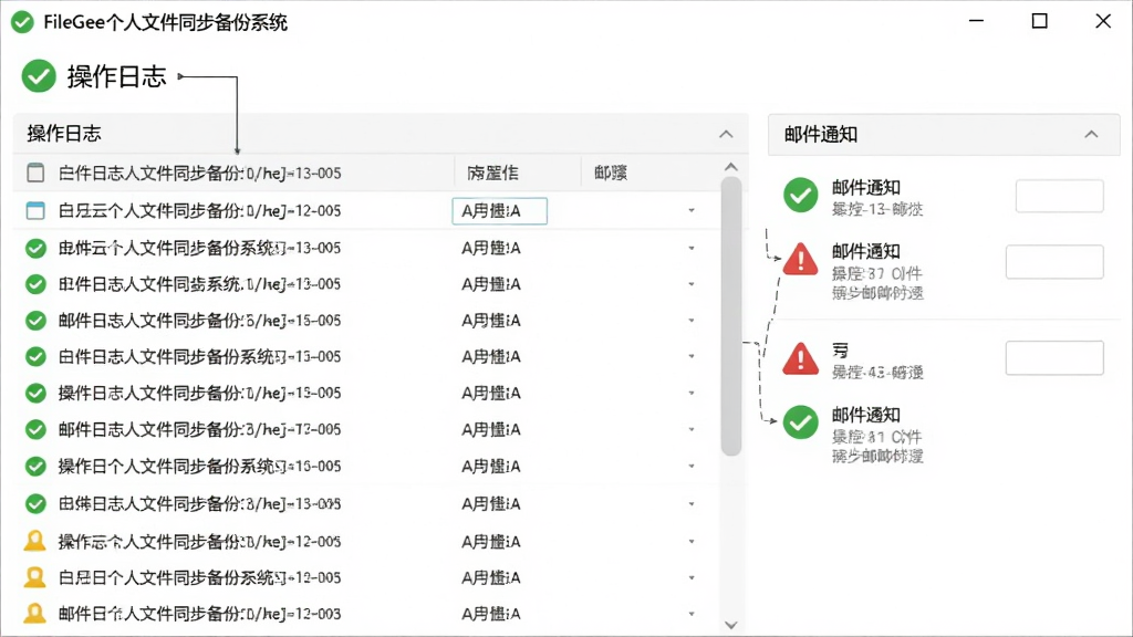 FileGee个人文件同步备份系统日志与邮件通知界面,展示日志列表和邮件配置选项,界面有绿色对勾和红色警告图标,风格简洁,文字标注