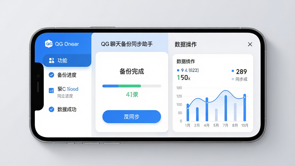 主体:QG聊天备份同步助手应用界面展示,手机屏幕中显示备份进度条和同步按钮,旁边有数据统计图表。布局:手机居中,界面元素清晰排列,左侧为功能列表,右侧为详细操作面板。排版:简洁现代,采用卡片式设计,色彩以蓝白为主,突出科技感。风格:写实渲染,光线柔和,背景浅灰。细节:手机屏幕中可见“备份完成”“同步成功”等字样,数据图表清晰。画质:高清,干净,无多余元素。