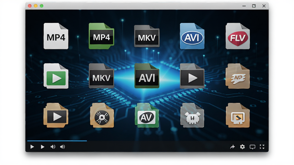 SMPlayer播放器显示多种视频文件格式图标,如MP4、MKV、AVI、FLV等,背景为科技感的光效,图标排列整齐,风格简约现代,画质清晰,干净无多余元素