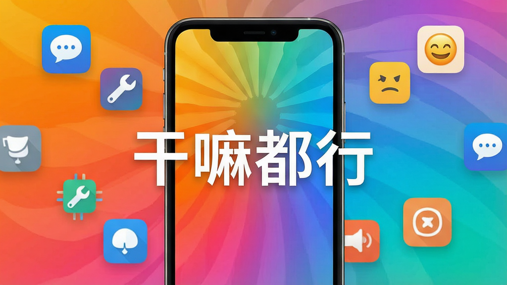 一张现代感十足的手机应用展示图,手机屏幕中央显示“干嘛都行”四个大字作为主标题,背景为充满活力的渐变色,周围悬浮着多个功能图标,如聊天气泡、工具扳手、笑脸表情等,布局简洁明快,风格扁平化设计,细节丰富,画质高清干净,无多余元素