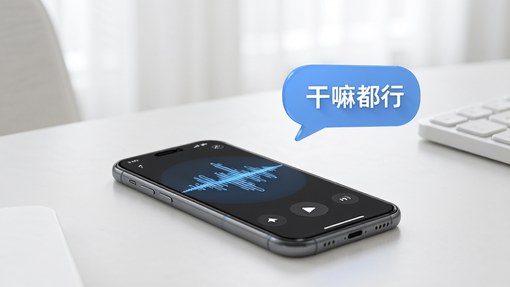 一张展示语音交互功能的场景图,画面中一部手机放置在桌面上,屏幕显示声波动态效果,旁边有一句“干嘛都行”的语音气泡,背景简洁明亮,风格写实,突出语音识别功能,细节到位,画质清晰,无多余元素