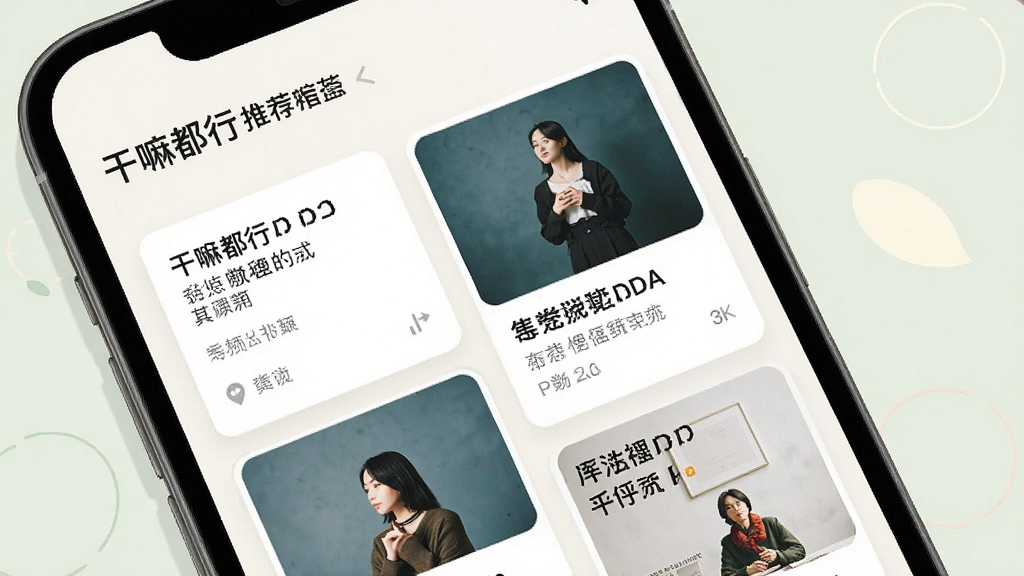 一张手机端内容推荐页面的示意图,屏幕上展示着几条卡片式推荐内容,包含文字和图片缩略图,顶部有“干嘛都行”的标识,背景为淡雅的浅色系,布局错落有致,风格简约现代,画质高清,无多余元素