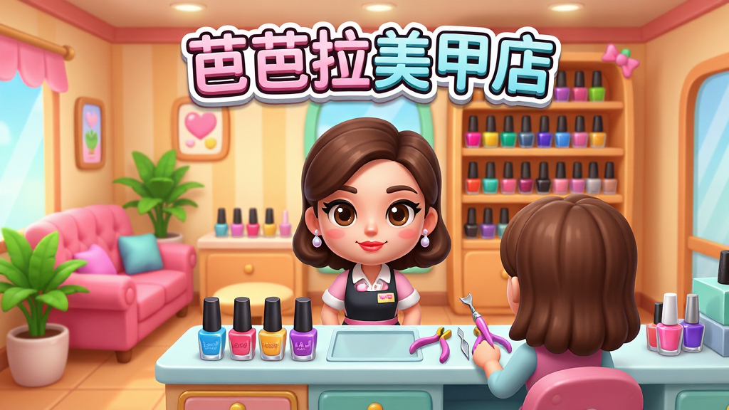 主体:游戏主界面展示,一位卡通风格的美甲师芭芭拉站在装饰精美的美甲店柜台后,面前摆放着各种指甲油和工具。布局:画面中央是芭芭拉和顾客,背景是暖色调的美甲店内部,货架上摆满彩色甲油瓶,左侧有粉色沙发和绿植。排版:人物居中,店铺环境环绕,上方悬浮游戏标题“芭芭拉美甲店”。风格:明亮可爱的卡通渲染,色彩鲜艳,细节丰富。画质:高清,干净,无多余元素。