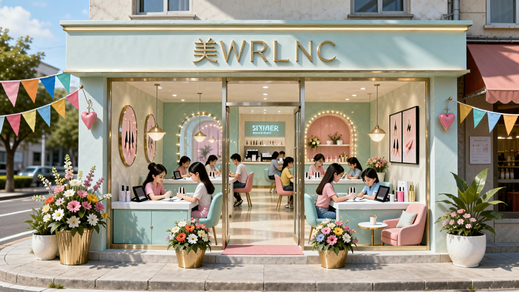 主体:美甲店全景展示,装修豪华,门前有彩旗和花篮,店内顾客络绎不绝。布局:画面展示店铺全貌,从门口到内部结构,可见多个美甲工位和休息区。排版:店铺居中,周围有街道和绿植点缀。风格:清新明亮,色彩丰富。画质:高清,干净,无多余元素。