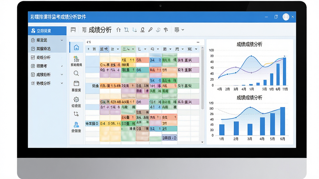主体:彩蝶排课排监考成绩分析软件的主界面,电脑屏幕显示彩色课表网格和成绩分析图表。布局:左侧功能列表,右侧主操作区,上方工具栏。排版:界面清爽,数据表格对齐工整。风格:现代简约,蓝白主色调。细节:屏幕中显示“彩蝶排课排监考成绩分析软件”字样,图表带有曲线和柱状图。画质:高清,干净,无多余元素。