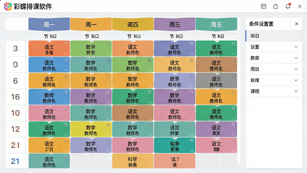 主体:彩蝶排课软件的智能排课引擎界面,显示自动生成的课程表网格。布局:中央为课表,右侧为条件设置面板。排版:周一到周五横向排列,每天节次纵向排列,颜色区分不同科目。风格:扁平化设计,色彩明快。细节:课表单元格中显示“语文”、“数学”等字样,并标注教师姓名。画质:清晰,干净,无多余元素。