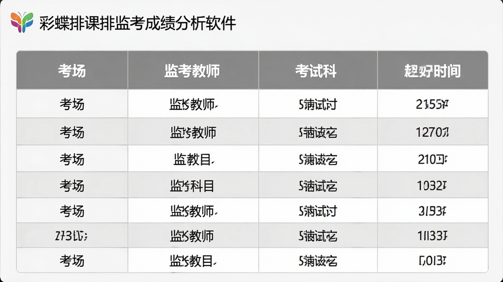主体:彩蝶排课软件的监考安排功能界面,显示监考分配表格。布局:表格列出考场、监考教师、考试科目和时间。排版:行间距适中,表头高亮,教师名字清晰可见。风格:商务简约,灰白底色。细节:表格左上角有“彩蝶排课排监考成绩分析软件”的Logo。画质:高清,干净,无多余元素。
