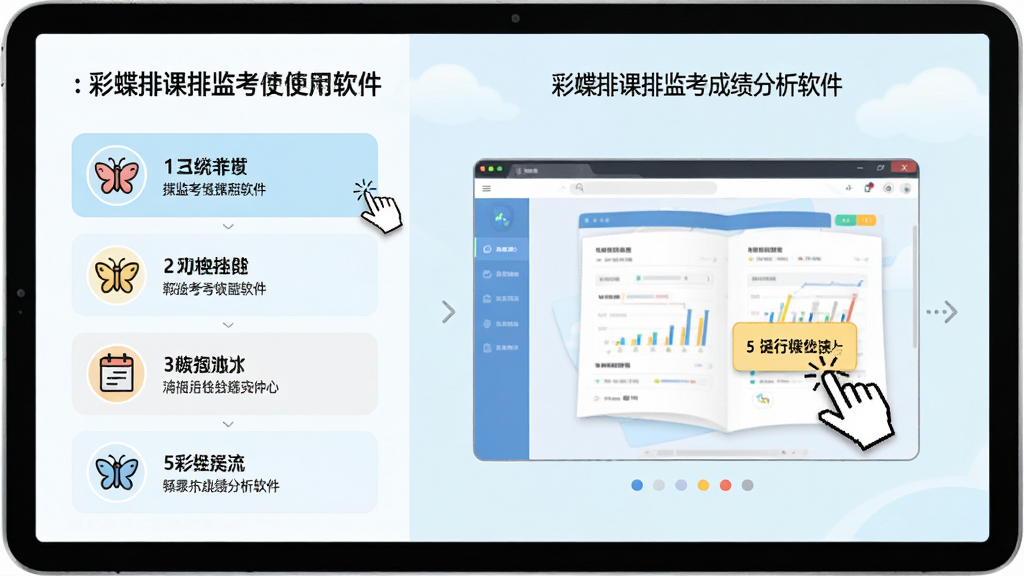 主体:彩蝶排课软件的使用指南界面,显示操作步骤示意图和提示框。布局:左侧为步骤列表,右侧为操作演示动画。排版:步骤编号清晰,每个步骤配有小图标。风格:清新简洁,浅色背景。细节:图中包含“彩蝶排课排监考成绩分析软件”字样,并展示鼠标点击操作。画质:高清,干净,无多余元素。