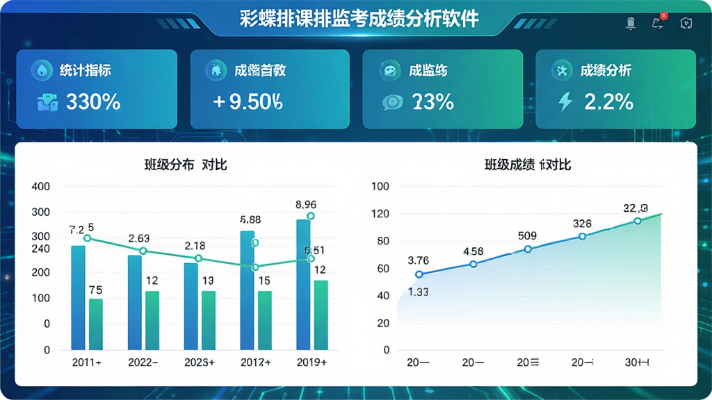 主体:彩蝶排课软件的成绩分析界面,显示成绩分布柱状图和折线图。布局:上部为统计指标卡片,下部为图表区域。排版:图表清晰,标签完整,数据点标注数值。风格:科技感,蓝绿渐变。细节:屏幕上方有“彩蝶排课排监考成绩分析软件”标题,图表展示班级成绩对比。画质:高清,干净,无多余元素。