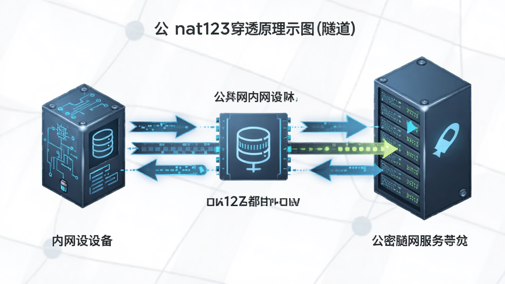 nat123穿透原理示意图,展示内网设备与公网服务器之间的加密隧道,布局清晰,箭头标注数据流向,风格科技感,细节丰富,画质高清,干净无多余元素