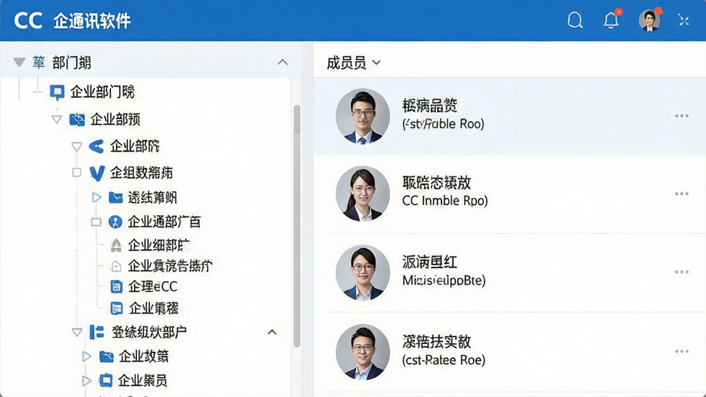 一张CC企业通讯软件的组织架构界面截图风格预览图,左侧是清晰的树状部门列表,右侧展示成员头像、姓名和职位,界面设计简洁明了,蓝白配色为主,突出企业级应用的严谨与专业,文字清晰可读,画质高清,无多余装饰元素