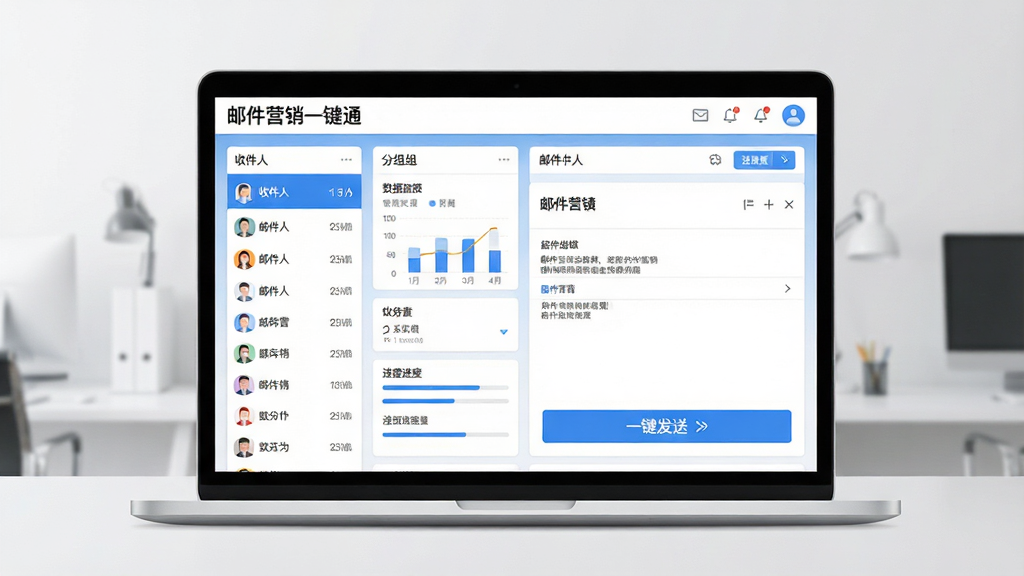 一幅现代商务风格的软件展示图,主体为笔记本电脑屏幕上的“邮件营销一键通”主界面,左侧显示收件人列表与分组,右侧为邮件内容编辑区,下方有醒目的“一键发送”按钮,界面以蓝白为主色调,布局清晰,排版规整,风格简约专业,细节包括数据图表和进度条,画质高清,干净无多余元素