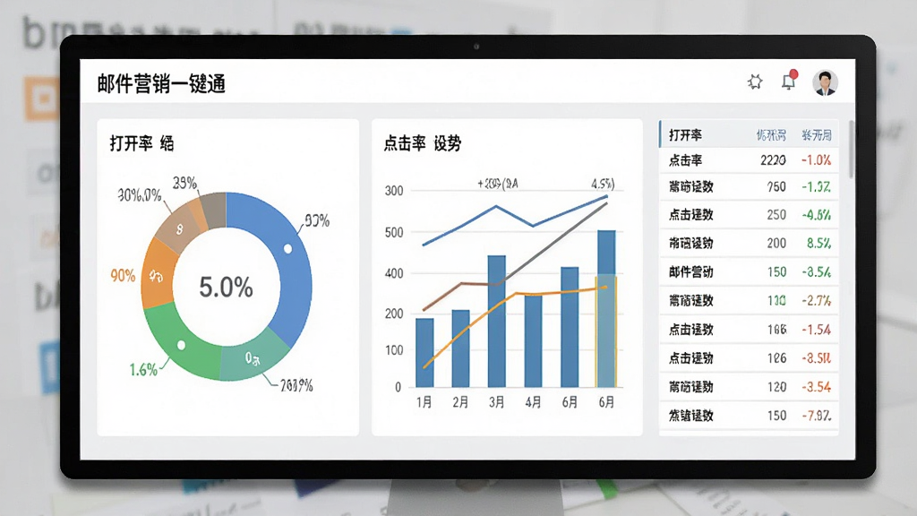 展示“邮件营销一键通”的数据分析界面,页面中央为环形图表和柱状图,展示打开率、点击率等数据,右侧有详细的数据列表,背景为浅灰色,布局清晰,排版专业,细节包括数据标签和趋势线,风格商务简洁,画质清晰,干净无多余元素