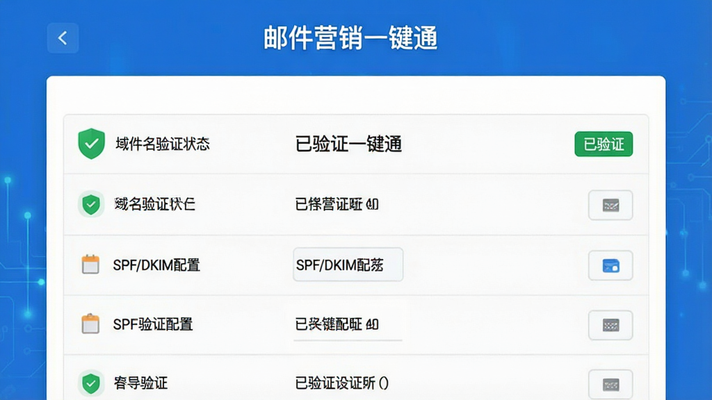一张“邮件营销一键通”安全设置界面截图,显示域名验证状态、SPF/DKIM配置项,背景为蓝色调,布局为表单样式,排版清晰,细节包括绿色盾牌图标和“已验证”标签,风格科技感,画质高清,干净无多余元素