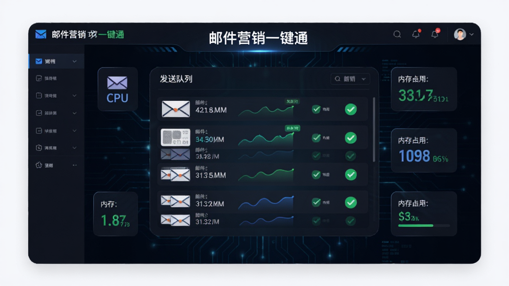 展示“邮件营销一键通”软件后台运行界面,中央为动态的发送队列图表,显示邮件正在批量发出,周围有CPU、内存占用率小图标,背景为深色科技感风格,布局以仪表盘为中心,排版简洁,细节包括绿色对勾表示发送成功,画质细腻,干净无杂乱元素