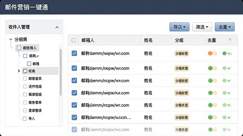 展示“邮件营销一键通”中收件人管理界面,界面以表格形式列出收件人邮箱、姓名、分组标签,顶部有导入、筛选、去重按钮,左侧为分组树状结构,风格简洁商务,布局规整,细节包括勾选框和状态标识,画质干净,无多余元素