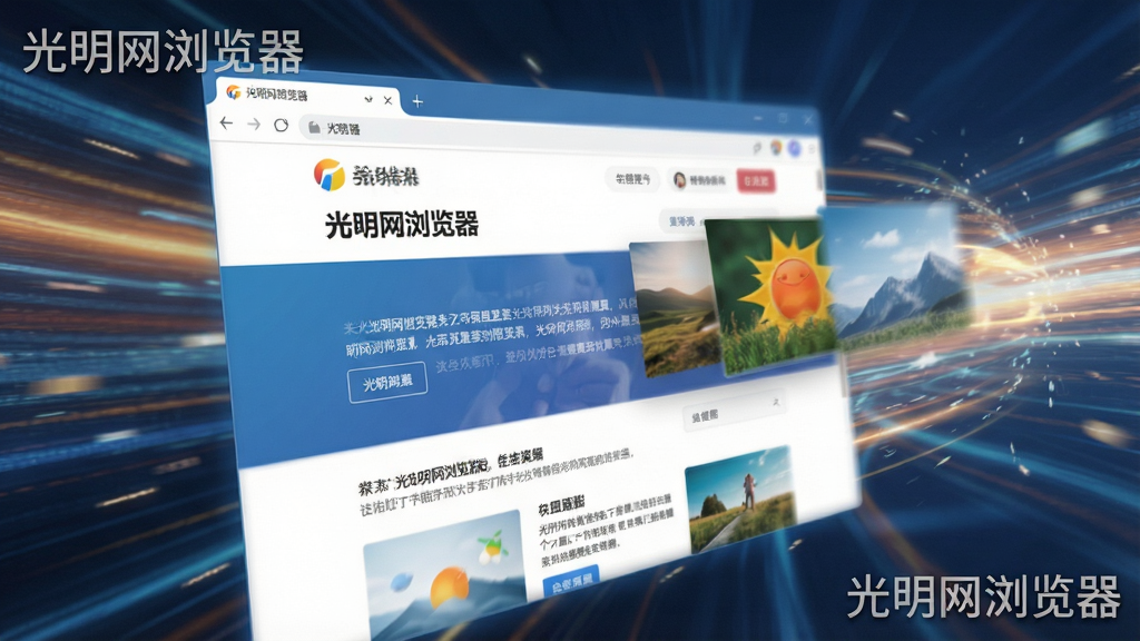 一张动态效果图,展示光明网浏览器快速加载网页的过程,页面元素如文字、图片逐渐显现,速度感强烈,背景有光线流动效果,软件名称“光明网浏览器”以水印形式出现在角落,画质清晰,无多余元素。