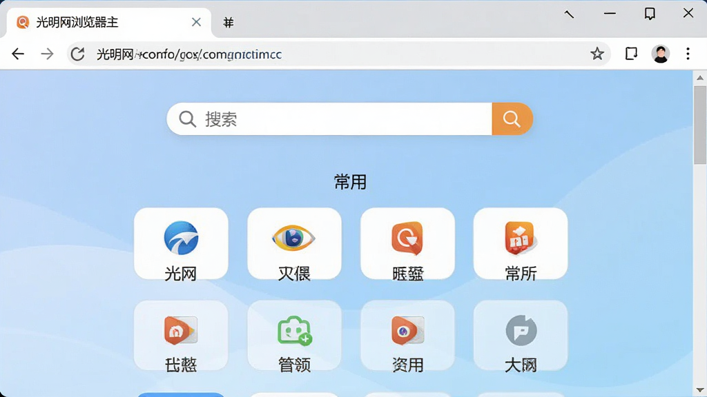 一张展示光明网浏览器主界面的高清截图,界面整洁,布局清晰,顶部有地址栏和标签页,中间是搜索框和常用网站快捷方式,背景为淡蓝色渐变,整体风格简约现代,画质干净,无多余元素。