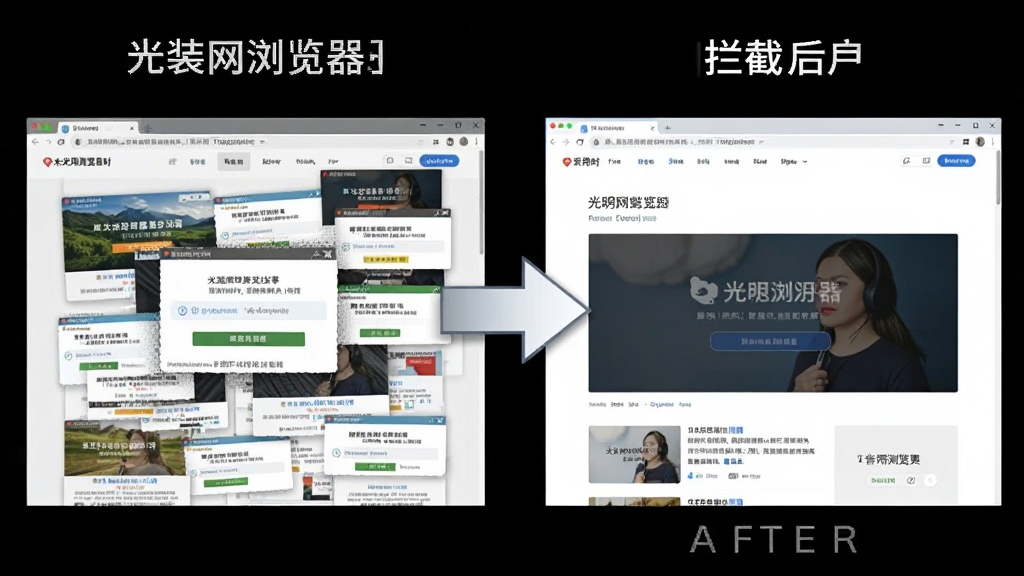 一幅对比示意图,左侧是未安装光明网浏览器时网页充满各种广告弹窗的杂乱场景,右侧是安装后干净整洁的网页界面,中间用箭头连接,突出广告拦截效果,画质干净,无多余元素。