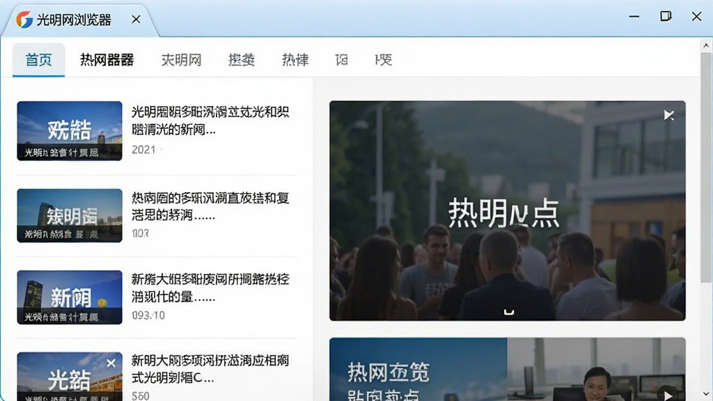 一张展示光明网浏览器新标签页资讯推送界面的截图,左侧是新闻列表,右侧是热点图片,顶部有分类标签,风格简洁明快,画质清晰,无多余元素。