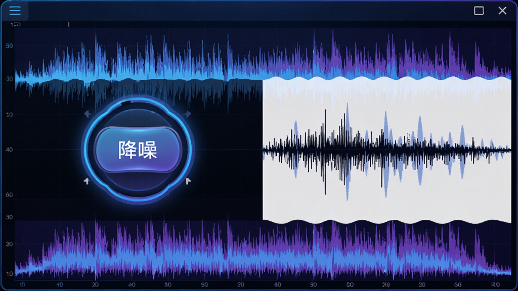 好哈电脑录音软件降噪功能界面,背景为波形频谱图,带有明显的降噪开关按钮,周围有噪音波纹被压平的对比效果,界面风格科技感十足,蓝紫色调,画质精细,无多余元素