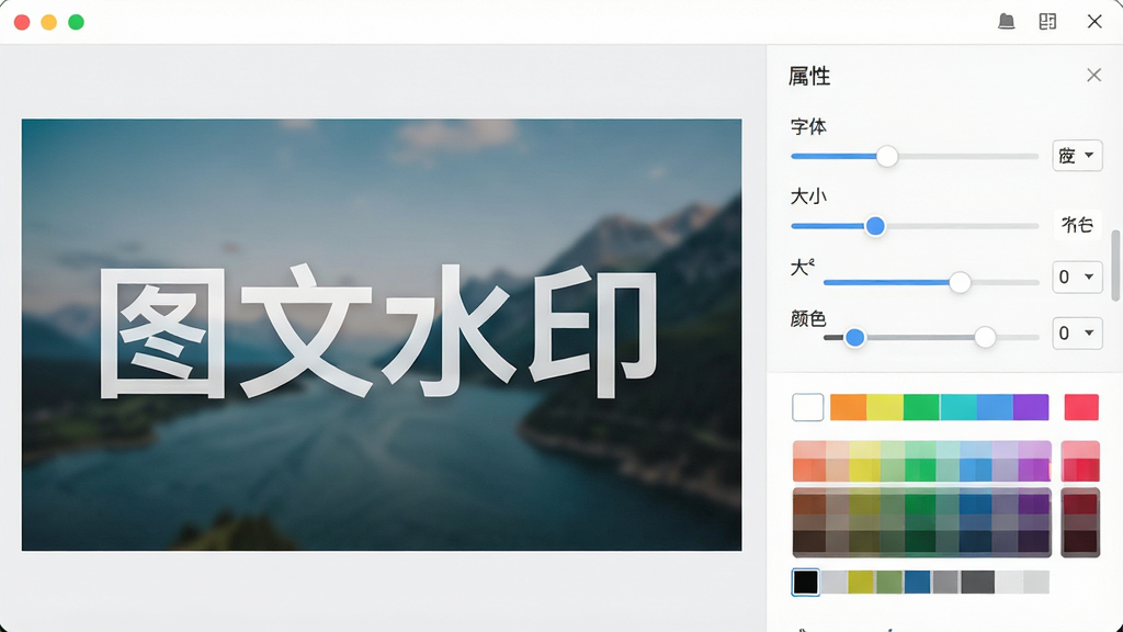 主体:一个图片编辑界面,展示图文水印软件的文字水印设置面板。布局:左侧为图片预览,右侧为属性调节栏,包含字体、大小、颜色等选项。排版:属性栏采用滑块与色板形式,简洁直观。风格:清亮色调,界面友好。细节:预览图片上有一行醒目的水印文字“图文水印”,颜色为半透明白色。画质:高清,干净,无多余元素。