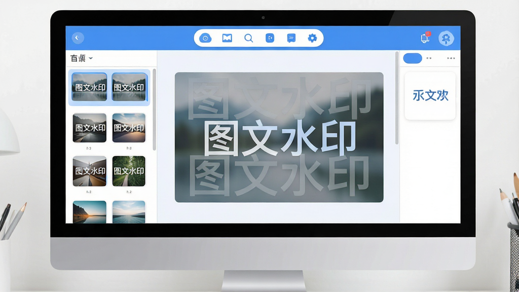 主体:电脑屏幕前展示图文水印软件主界面,界面左侧是图片列表,右侧是水印编辑区,中央预览大图。布局:上下结构,上方为工具栏,下方为预览与编辑区域,整体清爽。排版:软件界面采用卡片式设计,图标圆润,色彩以蓝白为主。风格:现代简约的UI设计,扁平化图标。细节:图片上叠加了半透明水印文字“图文水印”,水印样式清晰可见。画质:高清,干净,无多余元素。