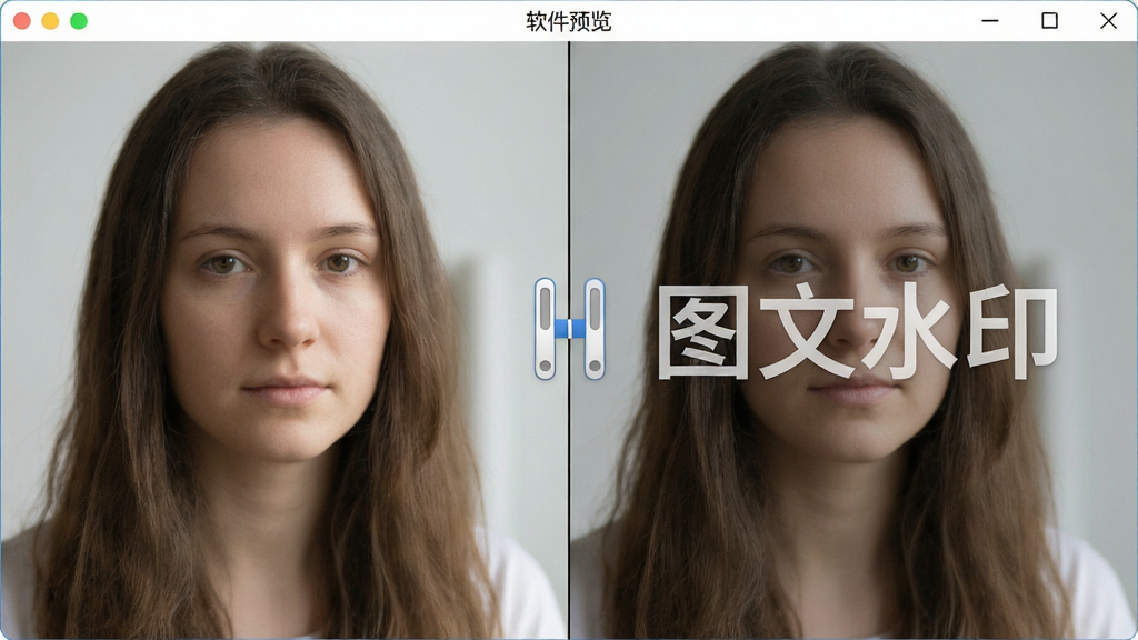 主体:软件预览窗口,对比显示原图与添加水印后的效果。布局:左右分屏,左侧原图,右侧水印效果图。排版:中央有分割线,可拖动。风格:简洁对比风格。细节:右侧图片上有“图文水印”文字,透明度适中,不遮挡主体。画质:高清,干净,无多余元素。
