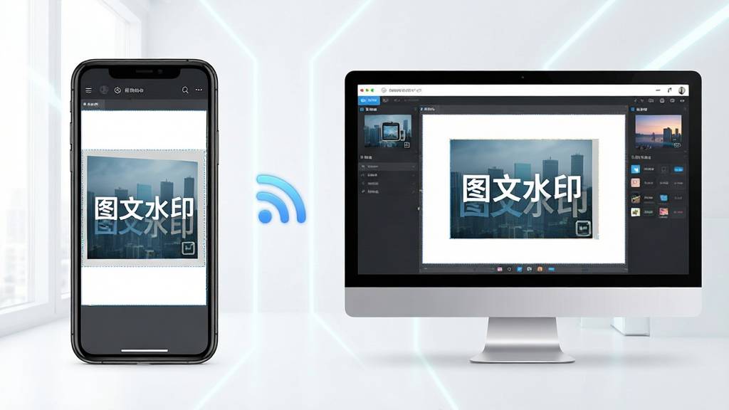 主体:手机与电脑并排,屏幕上显示图文水印软件界面,正在进行水印编辑。布局:左手机右电脑,中间有无线连接图标。排版:对称布局,界面明亮。风格:科技感,现代。细节:手机和电脑屏幕都有“图文水印”水印效果。画质:高清,干净,无多余元素。