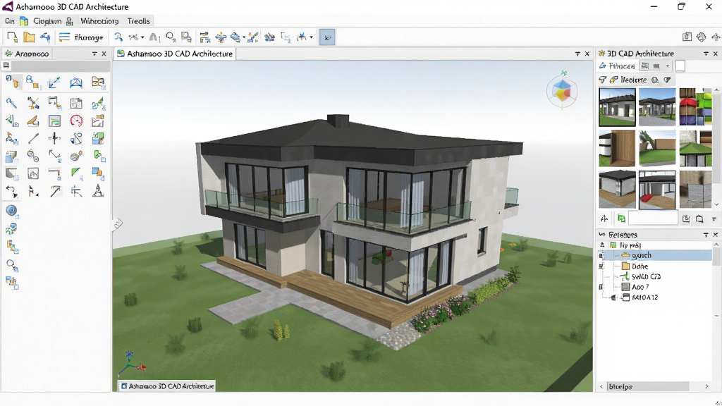 高清展示 Ashampoo 3D CAD Architecture 软件主界面,布局为左侧工具面板、中央三维视口显示一栋现代别墅模型,右侧材质与图层管理面板,整体风格简洁明亮,界面文字标注“Ashampoo 3D CAD Architecture”字样,画质细腻,干净无多余元素