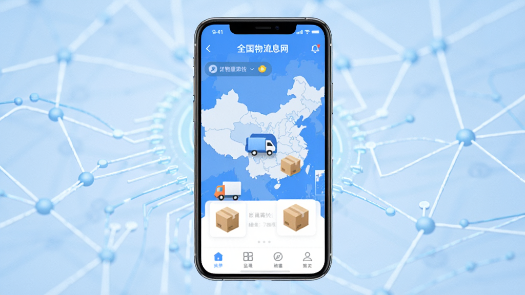 主视觉图,画面中央为智能手机屏幕显示全国物流信息网一点通APP界面,界面中有地图、货车图标、货物箱图标,背景为淡蓝色科技感网络线条,整体布局简洁大气,风格现代商务,细节丰富,画质高清干净,无多余元素