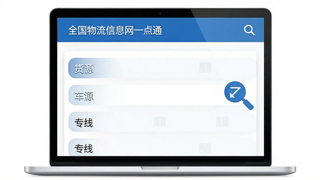 功能展示图,一台笔记本电脑屏幕显示全国物流信息网一点通的信息列表页面,页面中罗列着货源、车源、专线等分类条目,旁边有放大镜搜索图标,整体色调以蓝白为主,风格简洁清晰,画面干净,无多余元素