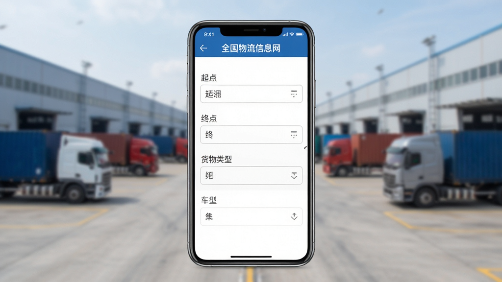 功能展示图,手机屏幕显示全国物流信息网一点通的筛选界面,界面上有起点、终点、货物类型、车型等筛选选项,背景为虚化的物流园区场景,整体风格写实,画面清晰干净,无多余元素
