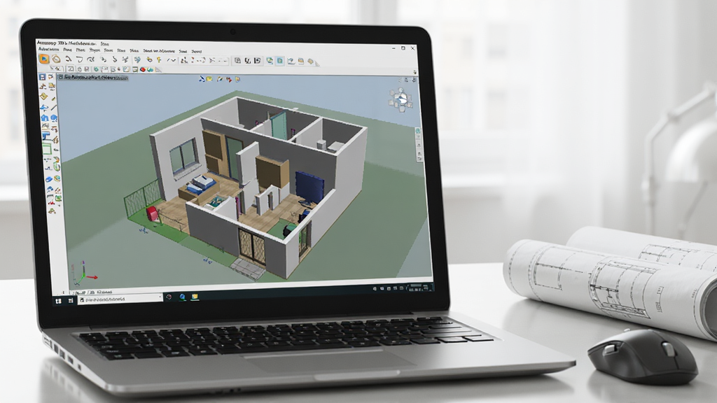 展示 Ashampoo 3D CAD Architecture 软件运行在笔记本电脑上的场景,屏幕显示三维户型图,旁边放有鼠标和图纸,环境明亮,风格写实,画质清晰,无多余元素