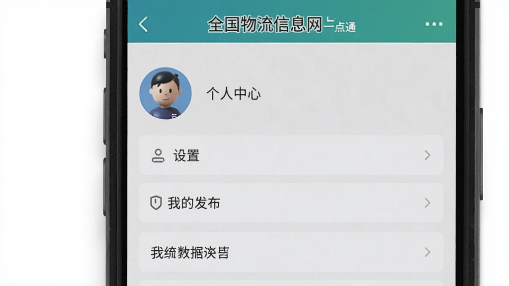操作截图,手机屏幕显示全国物流信息网一点通的个人中心页面,页面有头像、设置、我的发布等选项,背景为淡灰色,风格简洁,画质清晰,无多余元素