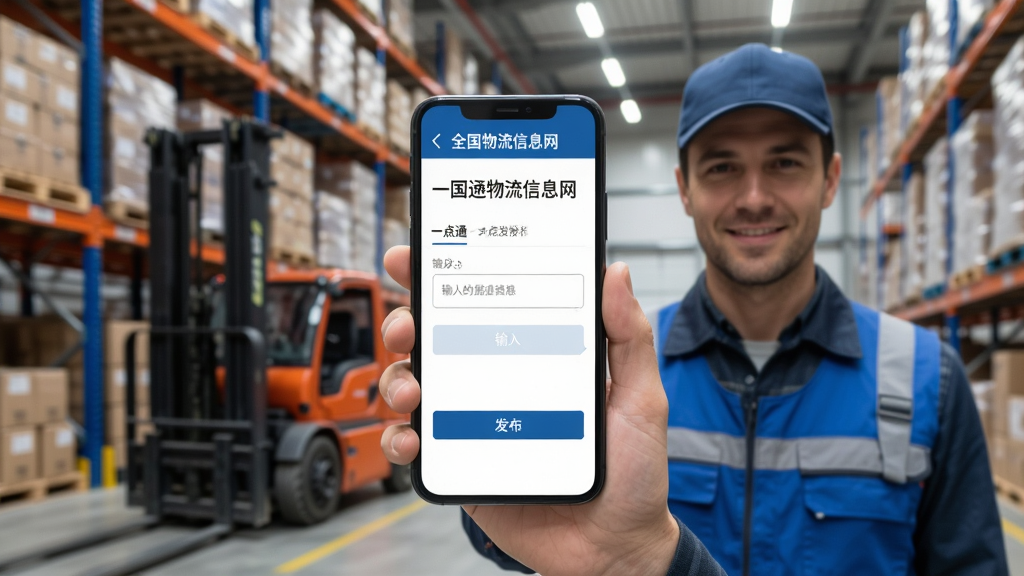 功能展示图,一位物流从业者手持手机,屏幕上显示全国物流信息网一点通的信息发布页面,页面中有输入框和发布按钮,背景为现代物流仓库,整体风格写实,画面干净,无多余元素