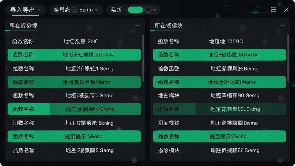 主体为导入导出表对比分析视图,左右两侧分别列出函数名称和所在模块。布局采用并列双栏,顶部有切换标签。风格为数据可视化风格,深色背景上使用亮绿色高亮显示关键函数名,细节上展示地址和提示信息,画质细腻,无多余元素。