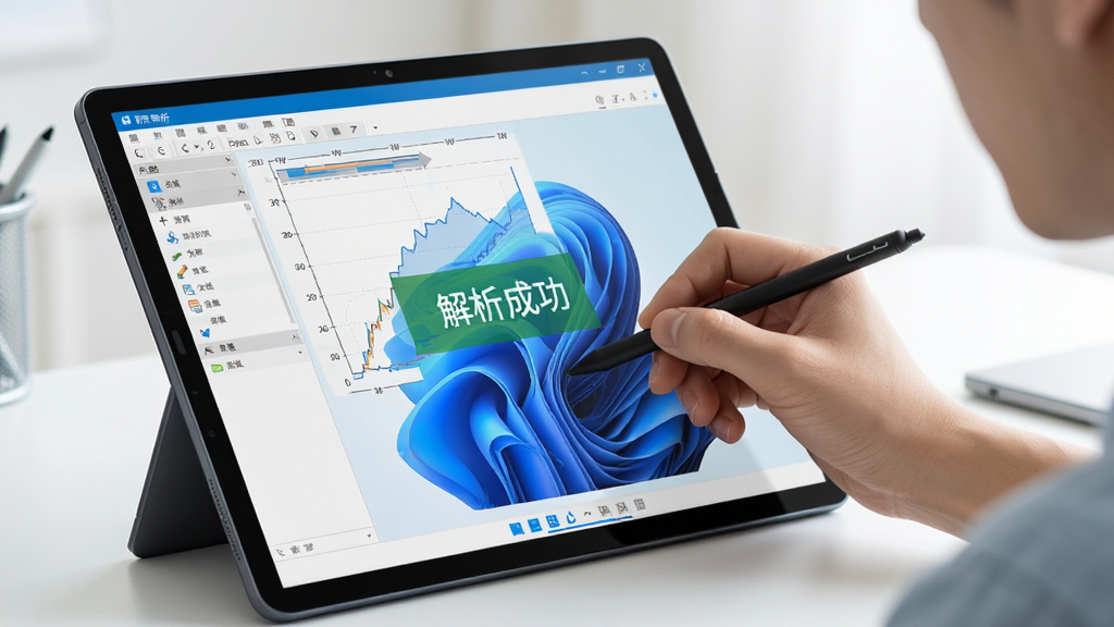 主体为一个人正在使用触控笔在Windows平板电脑上操作PE解析软件,屏幕上是清晰的图表。布局为侧面视角,平板占据画面主体。风格现代明亮,细节上屏幕中显示