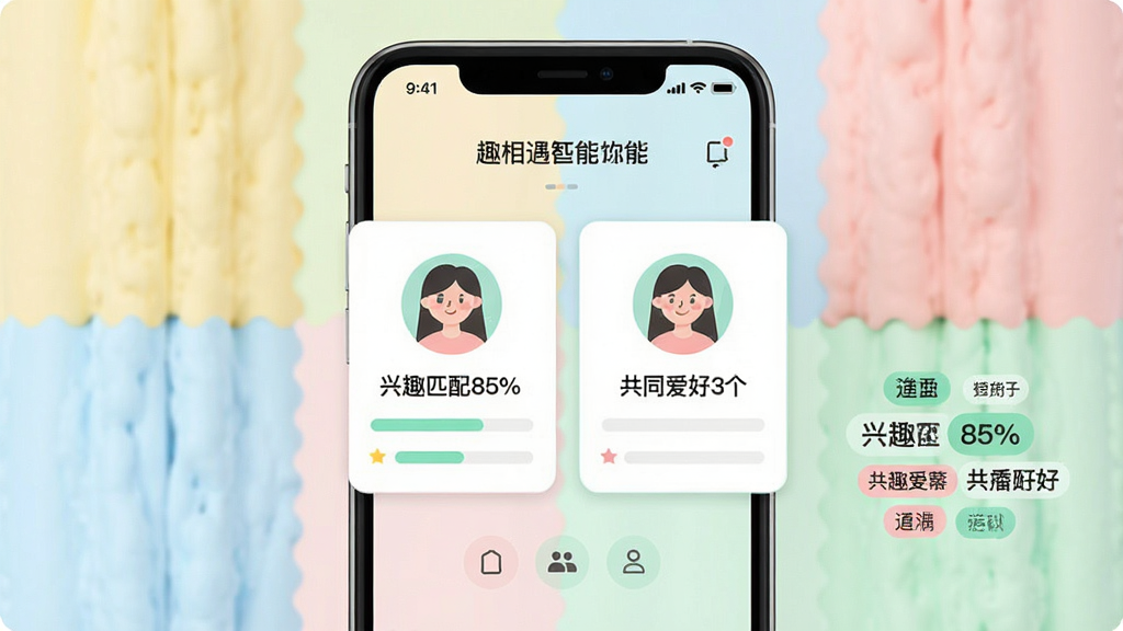 趣相遇智能匹配功能展示图,主体为手机界面,屏幕中央显示两个用户卡片,卡片上标有“兴趣匹配85%”和“共同爱好3个”字样,背景为柔和的马卡龙色块,布局左右对称,排版简洁,风格清新可爱,细节包括匹配进度条和标签云,画质干净明亮,无多余元素