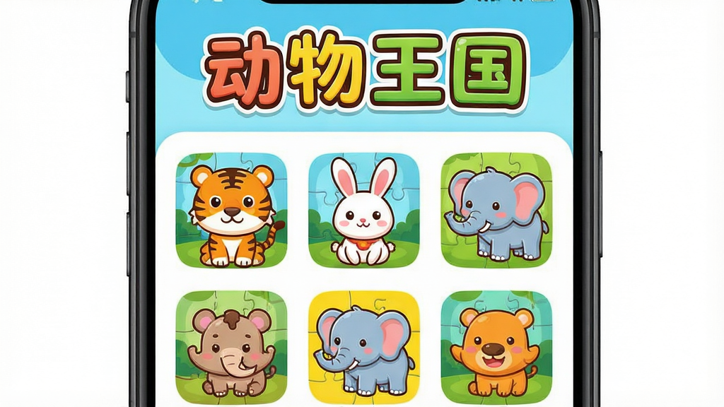一张展示宝宝拼图精灵APP界面的手机截图,屏幕中显示动物王国主题的拼图选择页面,上方有“动物王国”四个卡通文字,下方排列着老虎、兔子、大象等动物拼图缩略图,每张图都色彩鲜艳、线条圆润,界面布局简洁清晰,图标排列整齐,整体风格活泼可爱,画质高清,干净无多余元素,突出APP的丰富主题和友好界面。