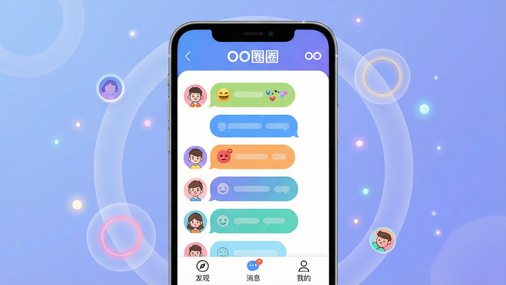 主体:一款名为“OO圈圈”的社交APP主界面,手机屏幕占据画面中心,展示彩色气泡风格的聊天列表和圆形头像,顶部有“OO圈圈”品牌LOGO。布局:手机居中,背景为柔和的渐变蓝紫色,周围漂浮着半透明的圆环和光点。排版:界面清晰,功能图标排列整齐,文字标签“发现”、“消息”、“我的”可见。风格:现代扁平化,色彩明亮活泼。细节:气泡上有表情符号,头像为卡通形象,整体画面干净,无多余元素。画质:高清渲染,细节丰富,色彩饱和,干净无噪点。