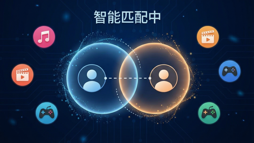 主体:AI智能匹配功能示意图,画面中央有两个重叠的圆形光晕,分别代表两个用户,中间有虚线连接,周围分散着兴趣图标(音乐、电影、游戏)。布局:光晕居中,图标环绕,背景为深蓝科技感。排版:简洁,有“智能匹配中”字样。风格:科技感、未来感。细节:光晕有粒子流动效果,图标清晰,画质高,干净无多余元素。