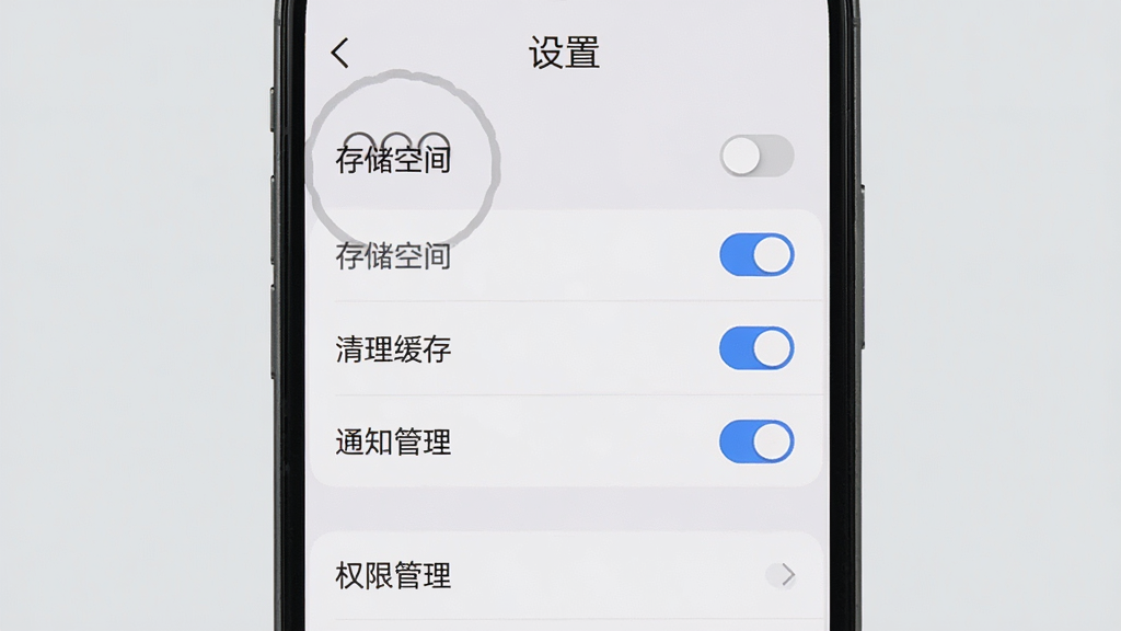 主体:手机屏幕显示OO圈圈应用的“设置”界面,突出“清理缓存”和“通知管理”选项,背景为浅灰色。布局:手机居中,界面元素清晰排列。排版:文字选项列表,带有开关按钮。风格:简洁实用。细节:屏幕上有“存储空间”和“权限管理”字样,画质清晰,干净无多余元素。