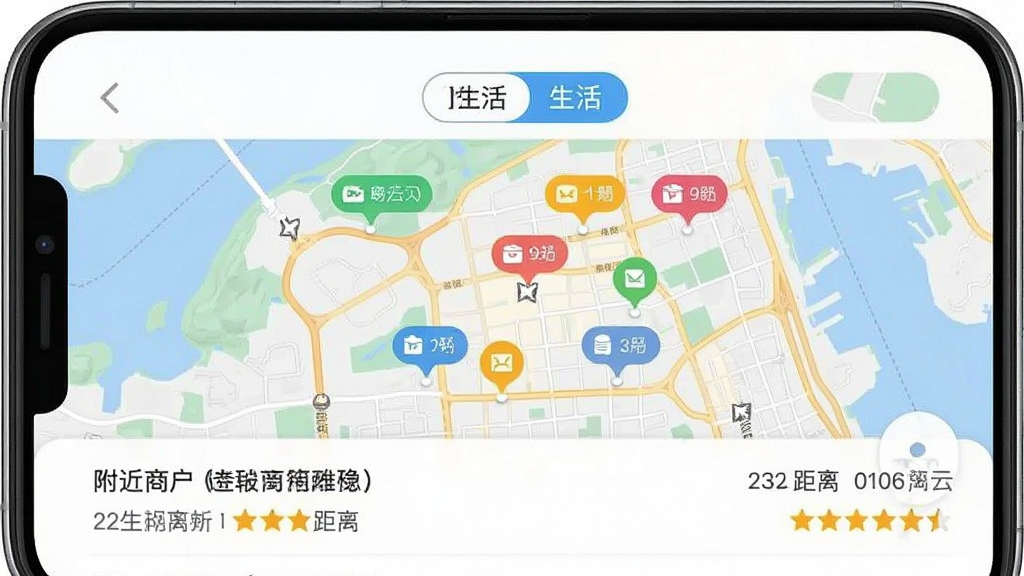 一张手机截图,显示i生活APP的“附近商户”页面,地图上分布着多个彩色商户标签点,下方列表展示商户名称、距离和评分,界面信息清晰,色彩明快,地图与列表切换按钮设计在顶部,整体风格简洁实用,画质干净,无多余元素
