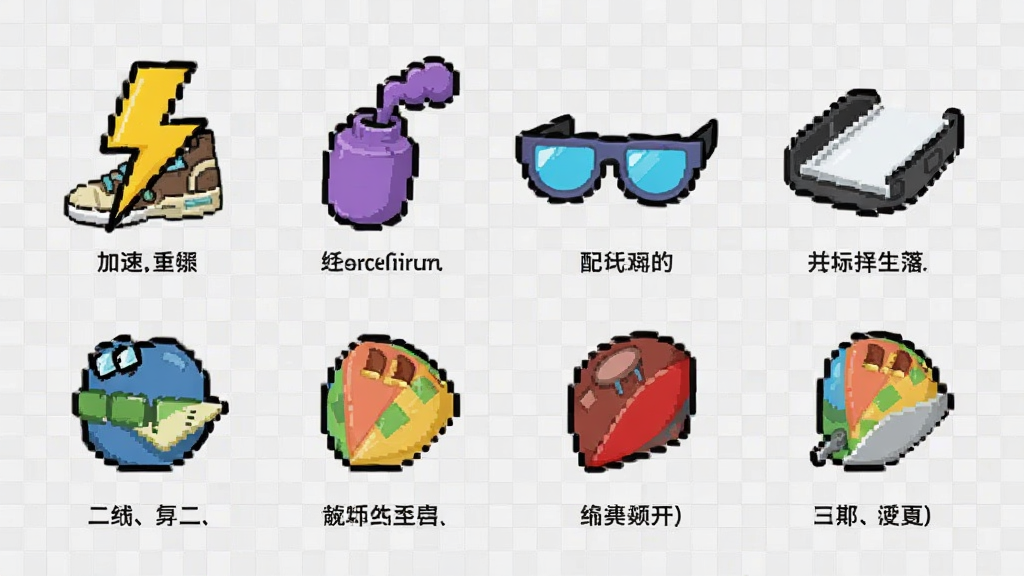 道具展示图,画面中散落着各种道具图标,包括黄色闪电形状的加速鞋、紫色烟雾弹、蓝色透视眼镜等,每个道具下方有简短说明文字,背景为浅灰色网格,整体风格简洁清晰,画质干净无多余元素