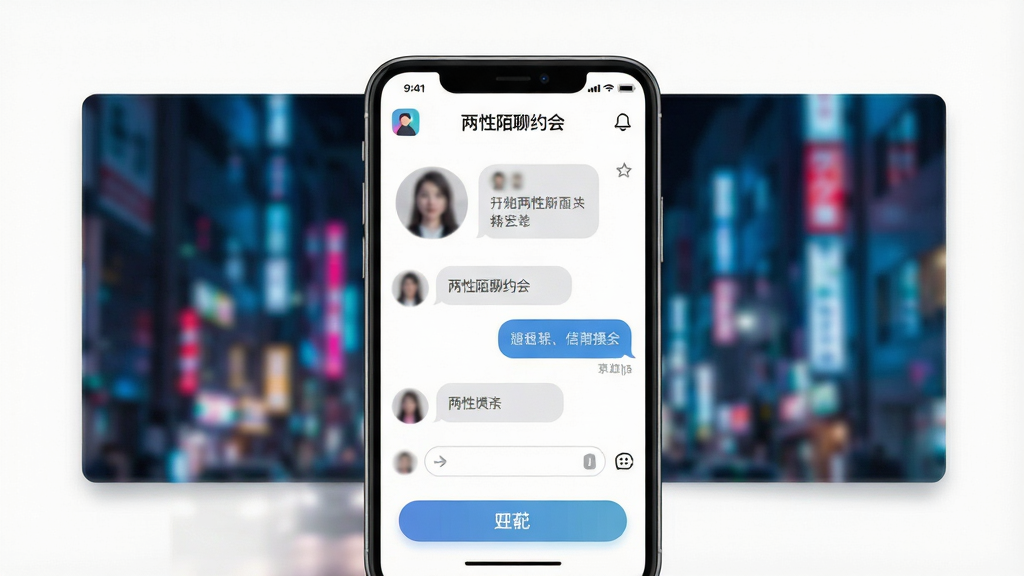 一张现代都市风格的概念图,主体为智能手机屏幕展示“两性陌聊约会”应用界面,界面中有模糊处理的男女头像卡片和聊天窗口,背景是模糊的城市夜景霓虹灯光,布局以手机为中心,四周留白,排版简洁,风格写实且富有科技感,细节包括应用图标、消息气泡和匹配按钮,画质高清干净,无多余元素