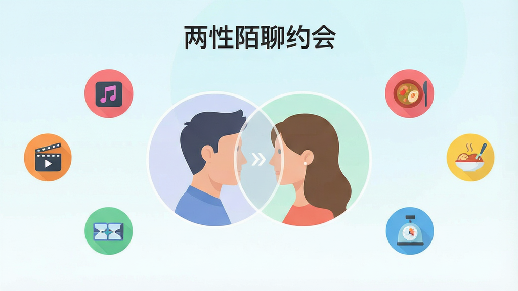 一张扁平化风格的功能示意图,主体是“两性陌聊约会”的匹配界面,中央两个半透明圆形头像正在相互靠近并最终重叠,周围散布着音乐、电影、美食、旅行等彩色小图标,布局对称,排版清晰,风格清新明快,细节突出算法匹配的精准度,画质干净无多余元素
