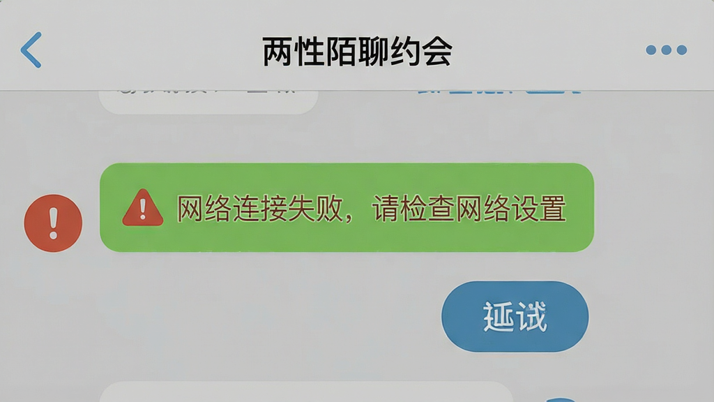 一张手机截图风格的图片,主体是“两性陌聊约会”的聊天界面,界面中有一句高亮的提示文字“网络连接失败,请检查网络设置”,背景是简洁的灰色聊天背景,布局居中,排版清晰,风格写实,细节包括错误提示图标和重试按钮,画质干净无多余元素
