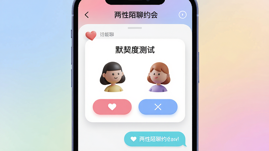 一张3D渲染风格的应用功能预览图,主体是“两性陌聊约会”的聊天界面,屏幕上显示着一个“默契度测试”卡片,卡片上有两个选项按钮,人物形象为抽象的3D小人,背景是柔和的渐变底色,布局居中,排版友好,风格可爱现代,细节强调卡片功能,画质清晰无多余元素