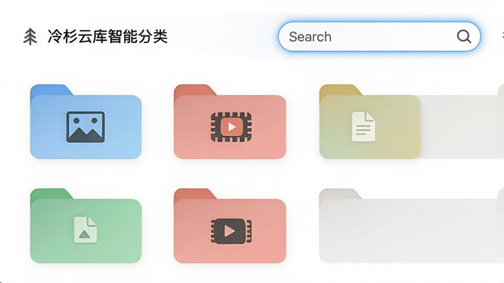 冷杉云库智能分类界面,文件夹以彩色标签区分,包含图片、视频、文档图标,搜索框高亮显示,界面简洁,背景白色,风格清爽,画质高清,无多余元素
